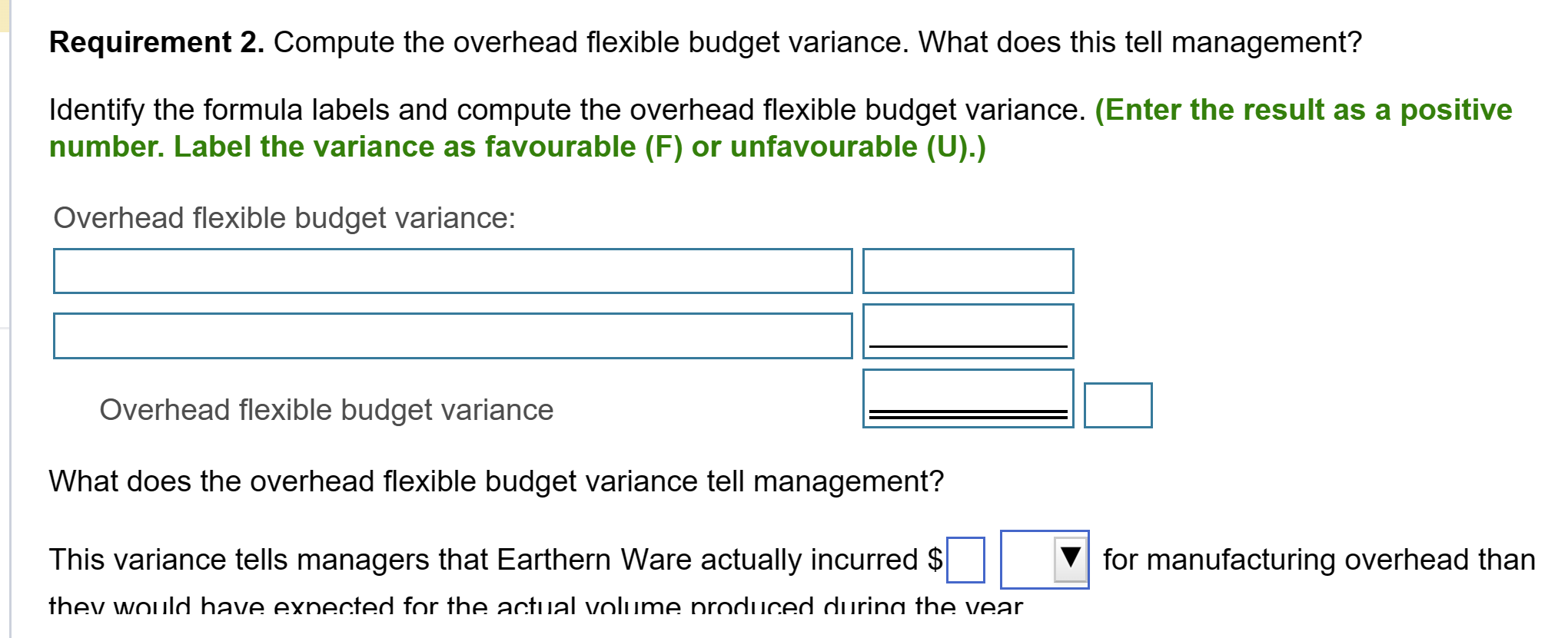 variance as favourable (F) or unfavourable (U).) Overhead flexible budget variance: Overhead