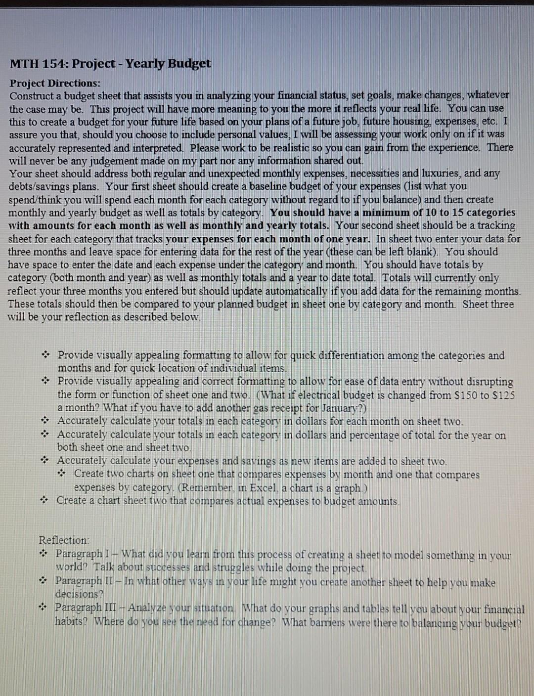 MTH 154: Project - Yearly Budget Project Directions: Construct a budget