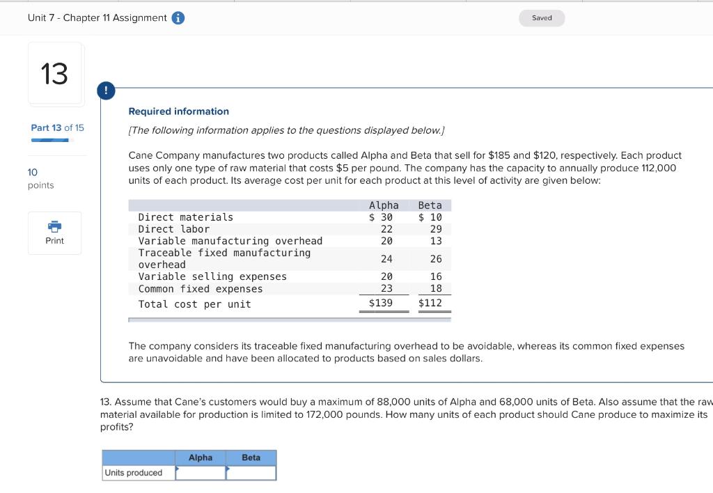  Unit 7 - Chapter 11 Assignment Saved Saved 13 Required information