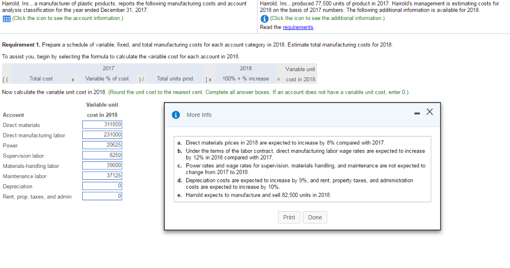 Requirement 1. Prepare a schedule of variable, fixed, and total manufacturing costs