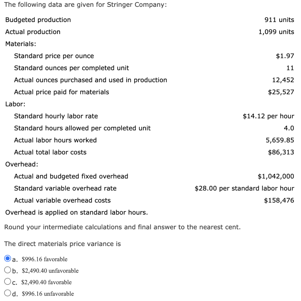  The following data are given for Stringer Company: 911 units Budgeted