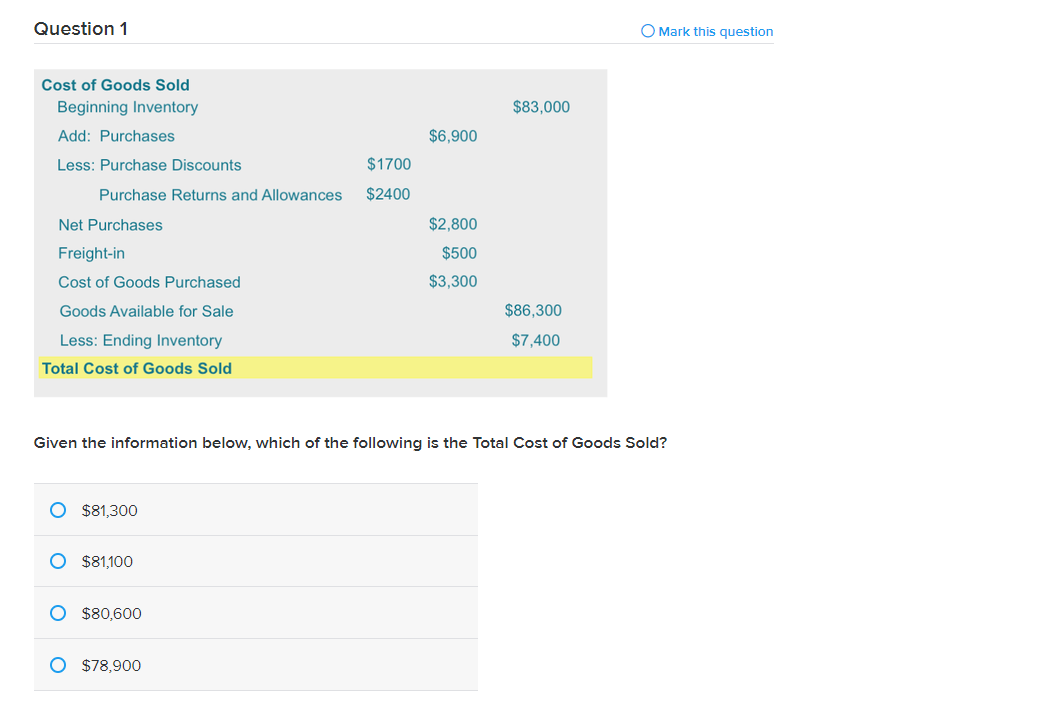 Question 1 O Mark this question $83,000 $6,900 $1700 $2400 Cost
