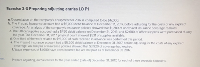  Exercise 3-3 Preparing adjusting entries LO P a. Depreciation on the