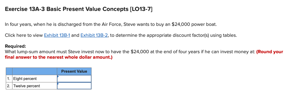  Exercise 13A-3 Basic Present Value Concepts [LO13-7] In four years, when