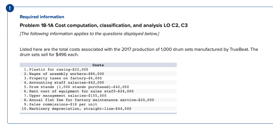 Need help with the accounting problem Required information Problem 18-1A Cost computation,