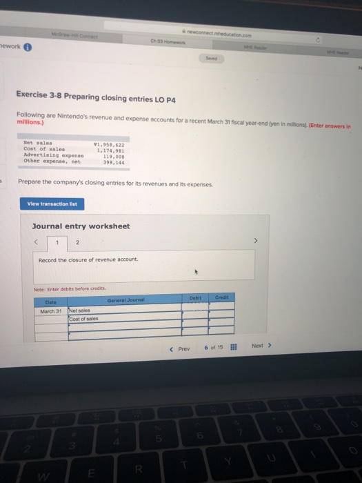  ch 03 ework Sevea Exercise 3-8 Preparing closing entries LO P4