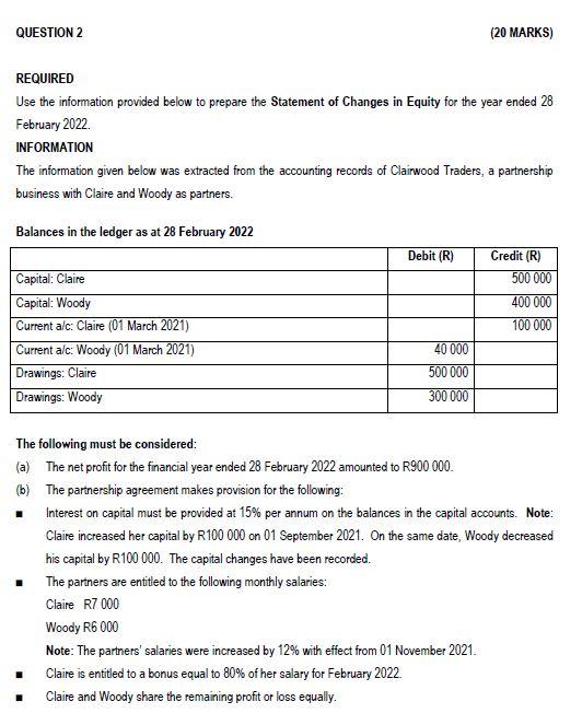 REQUIRED Use the information provided below to prepare the Statement of