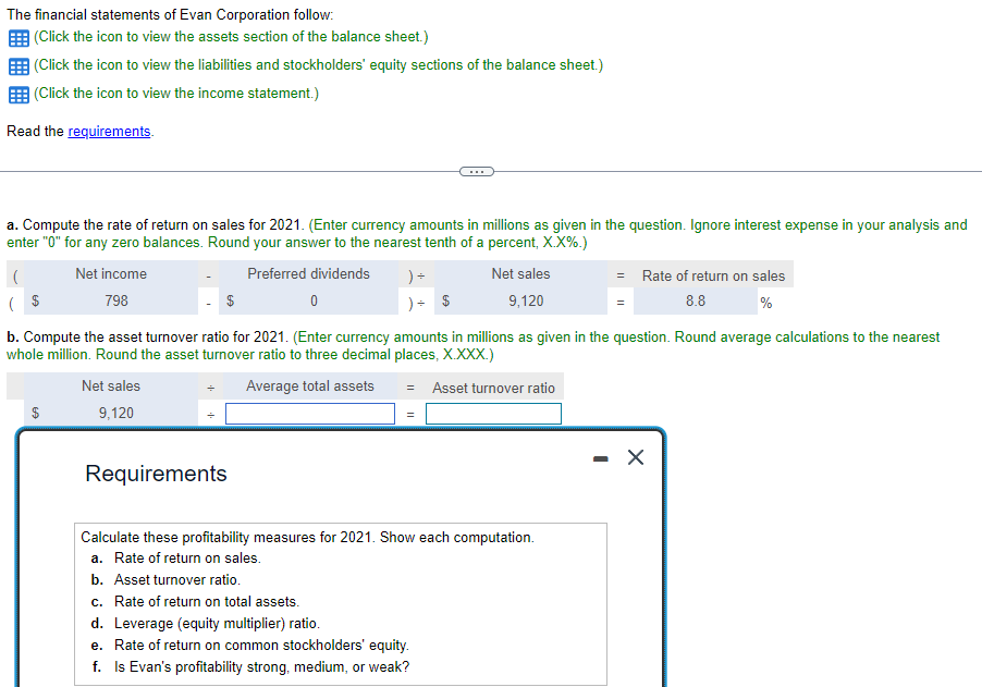 of Evan Corporation follow: (Click the icon to view the assets section