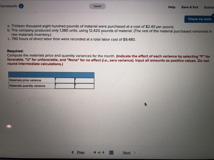 10-7 (Algo) Direct Materials Variances [LO10-1) Huron Company produces a commercial cleaning