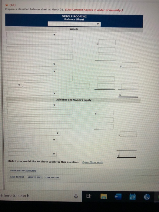columns of the worksheet for Oriole Roofing at March 31, 2020, are