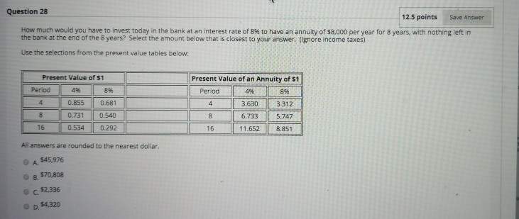  Question 28 12.5 points Save Answer How much would you have