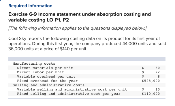 Required information Exercise 6-9 Income statement under absorption costing and variable