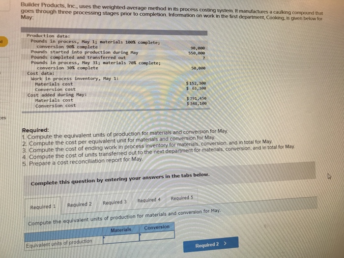  Builder Products, Inc, uses the weighted-average method in ts process costing