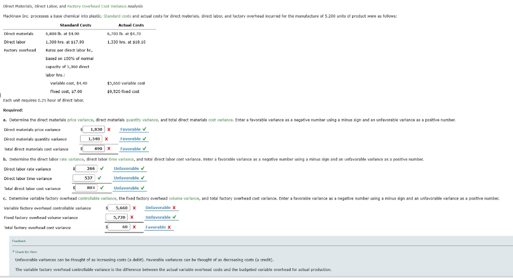 Direct Materials, Diract Lahor, and Factory Overhead Cost Variance Analysis Mackinaw