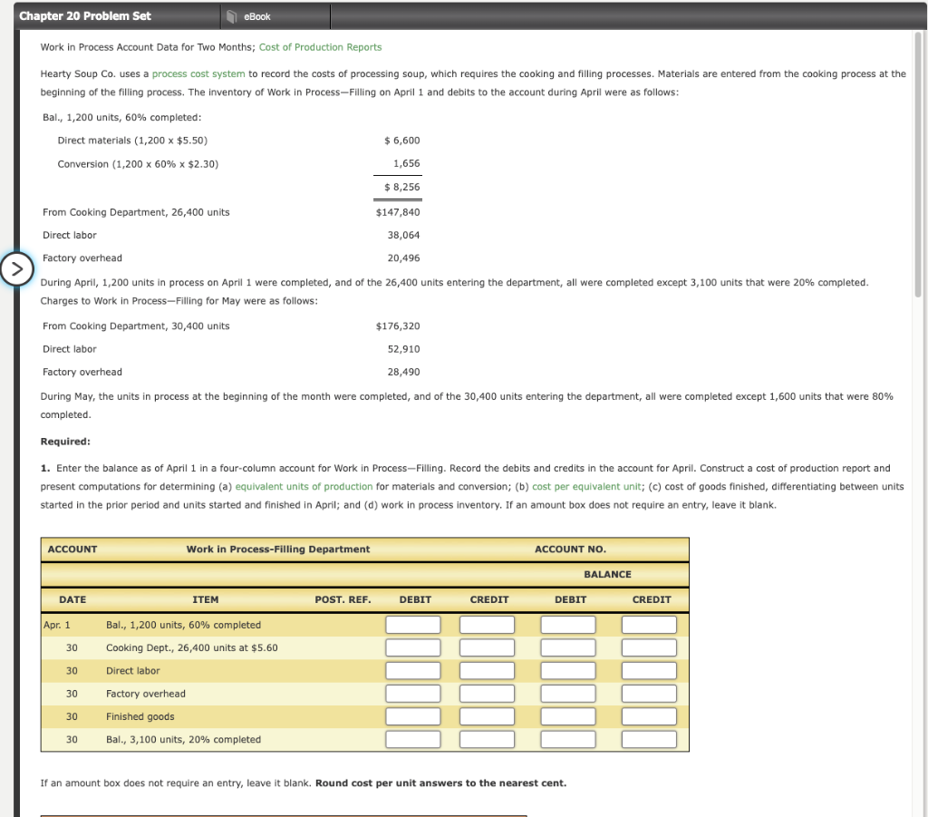  Chapter 20 Problem Set eBook Work in Process Account Data for