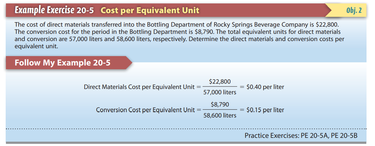  Example Exercise 20-5 Cost per Equivalent Unit Obj. 2 The cost