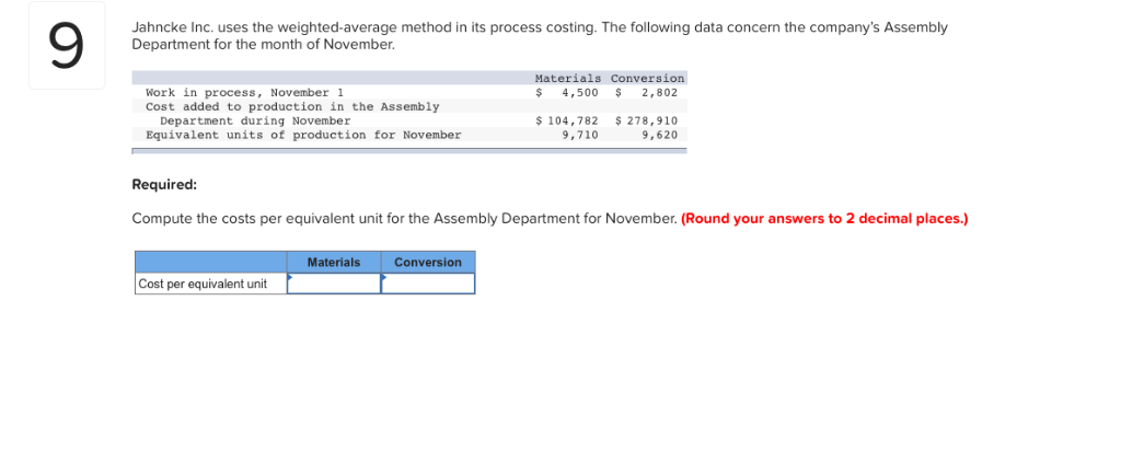  9 Jahncke Inc. uses the weighted-average method in its process costing.