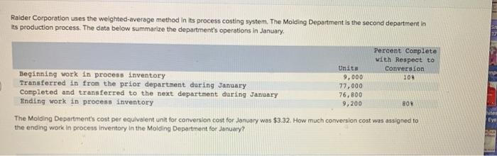 Raider Corporation uses the weighted-average method in its process costing system.