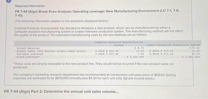  Required information PR 7.44 (Algo) Break-Even Analysis; Operating Leverage; New Manufacturing