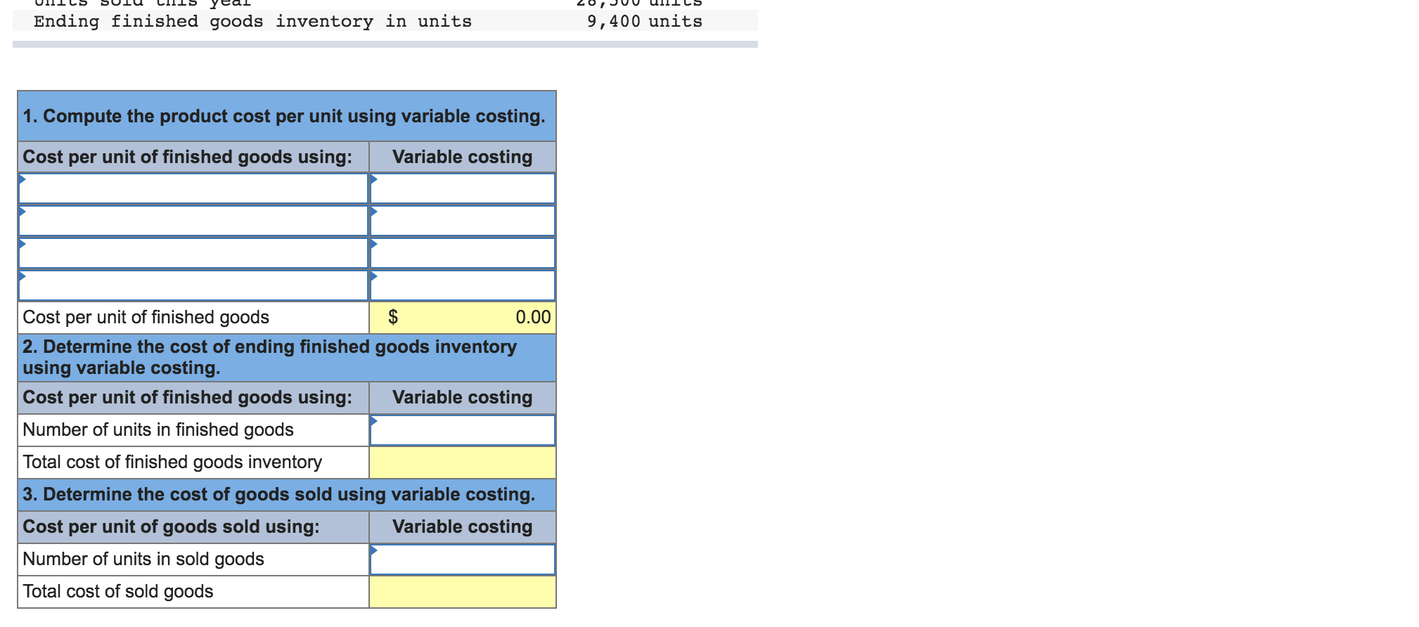 per unit Direct materials Direct labor Overhead costs for the year Variable