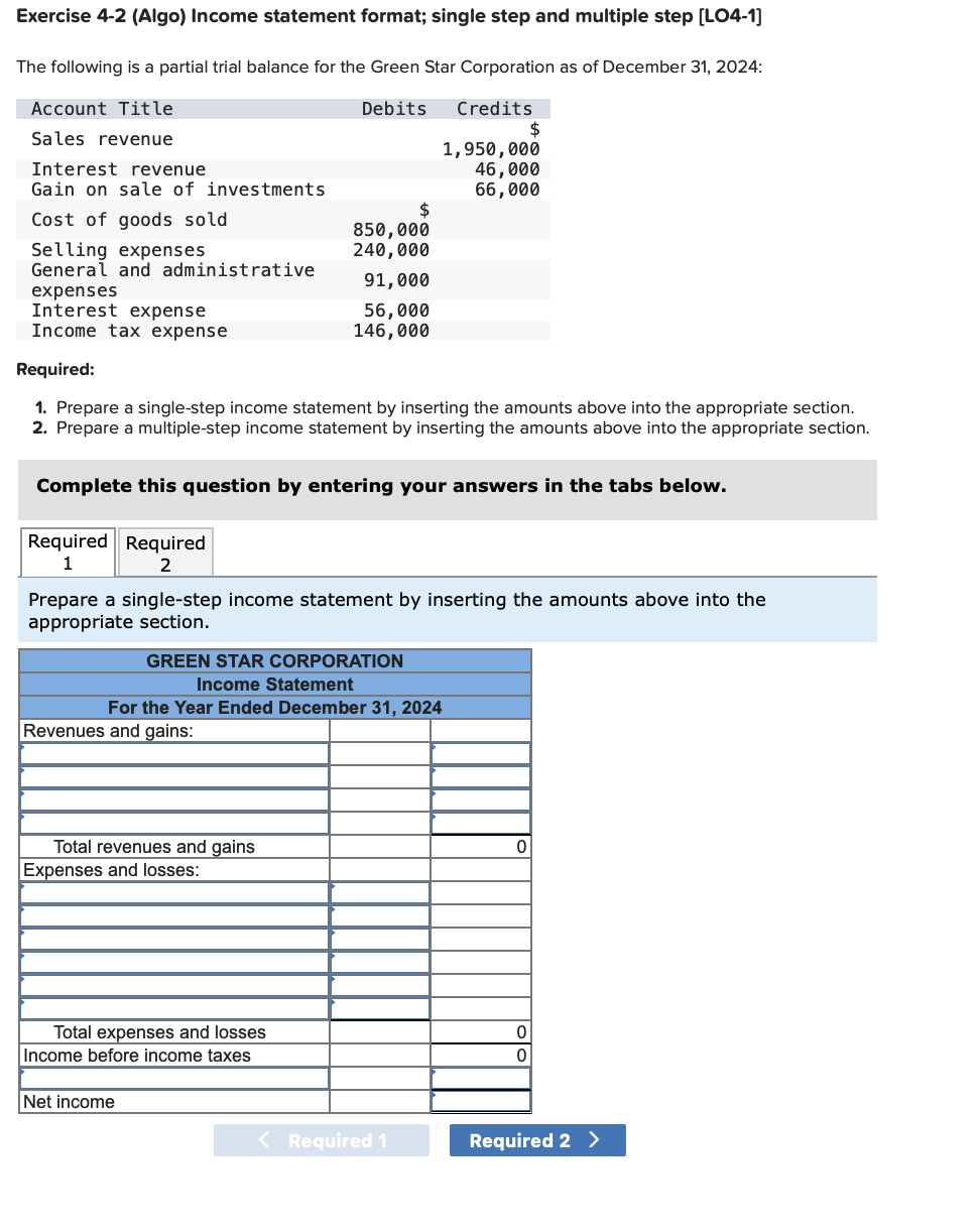  Please answer both parts Exercise 4-2 (Algo) Income statement format; single