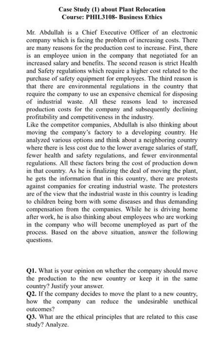  Case Study (1) about Plant Relocation Course: PHIL 3108- Business Ethics
