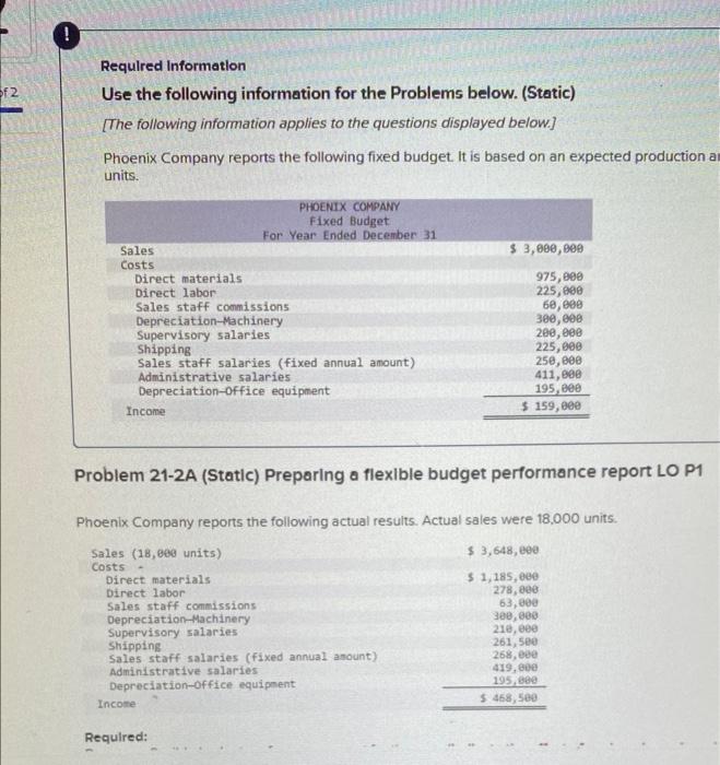  Required Information Use the following information for the Problems below. (Static)
