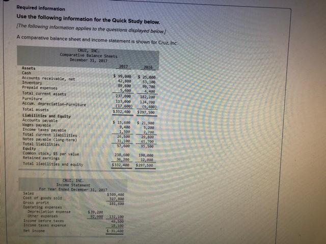 Required information Use the following information for the Quick Study below.