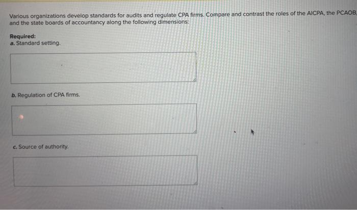  Various organizations develop standards for audits and regulate CPA firms. Compare