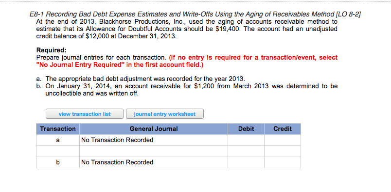 E8-1 Recording Bad Debt Expense Estimates and Write-Offs Using the Aging