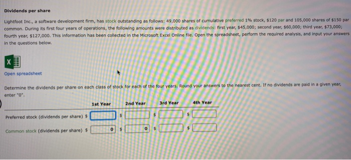  Dividends per share Lightfoot Inc., a software development firm, has stock