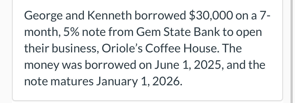  George and Kenneth borrowed $30,000 on a 7 month, 5% note