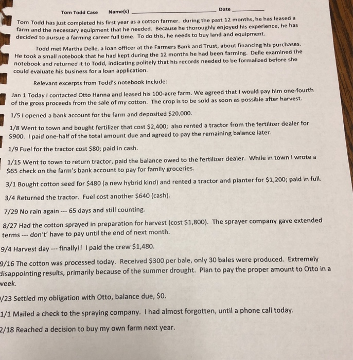  Tom Todd Case Name(s) Date Tom Todd has just completed his