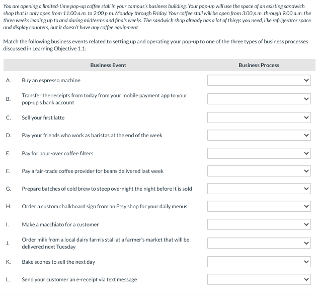 collections processes You are opening a limited-time pop-up coffee stall in your