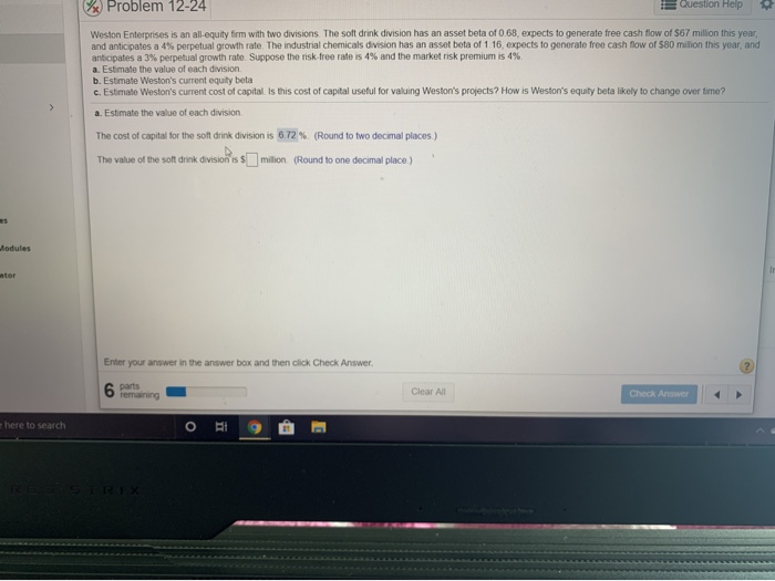 Solve b c Problem 12-24 Question Help Weston Enterprises is an all-equity