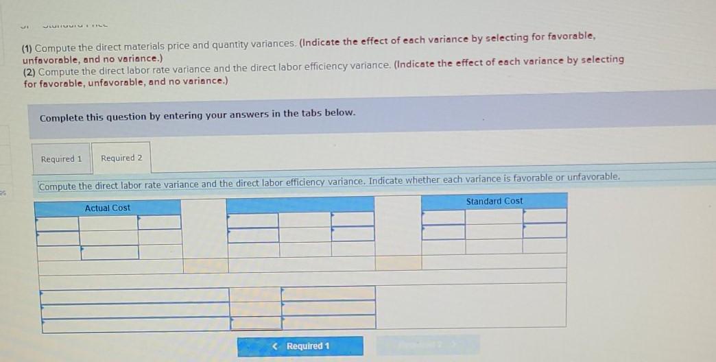 materials and direct labor costs per unit for the product it manufactures.