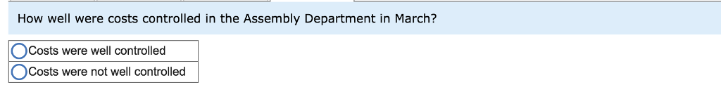 Assembly Department for the month of March follows Assembly Department Cost Report