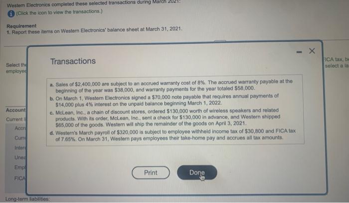  pls help Westem Electronics completed these selected transactions during March 2021