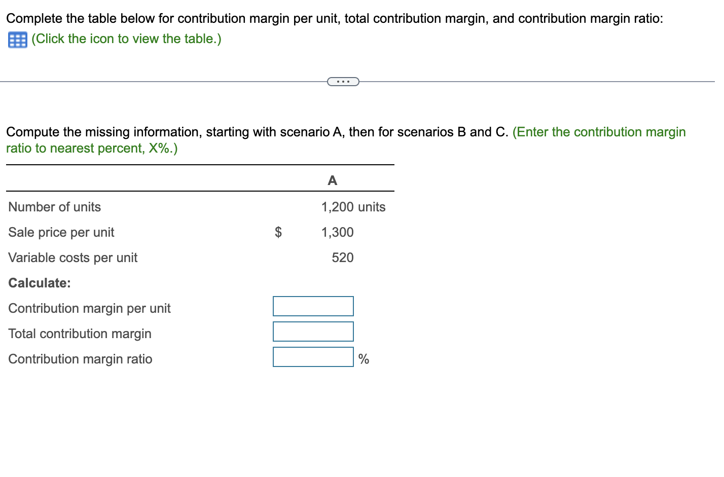  Complete the table below for contribution margin per unit, total contribution