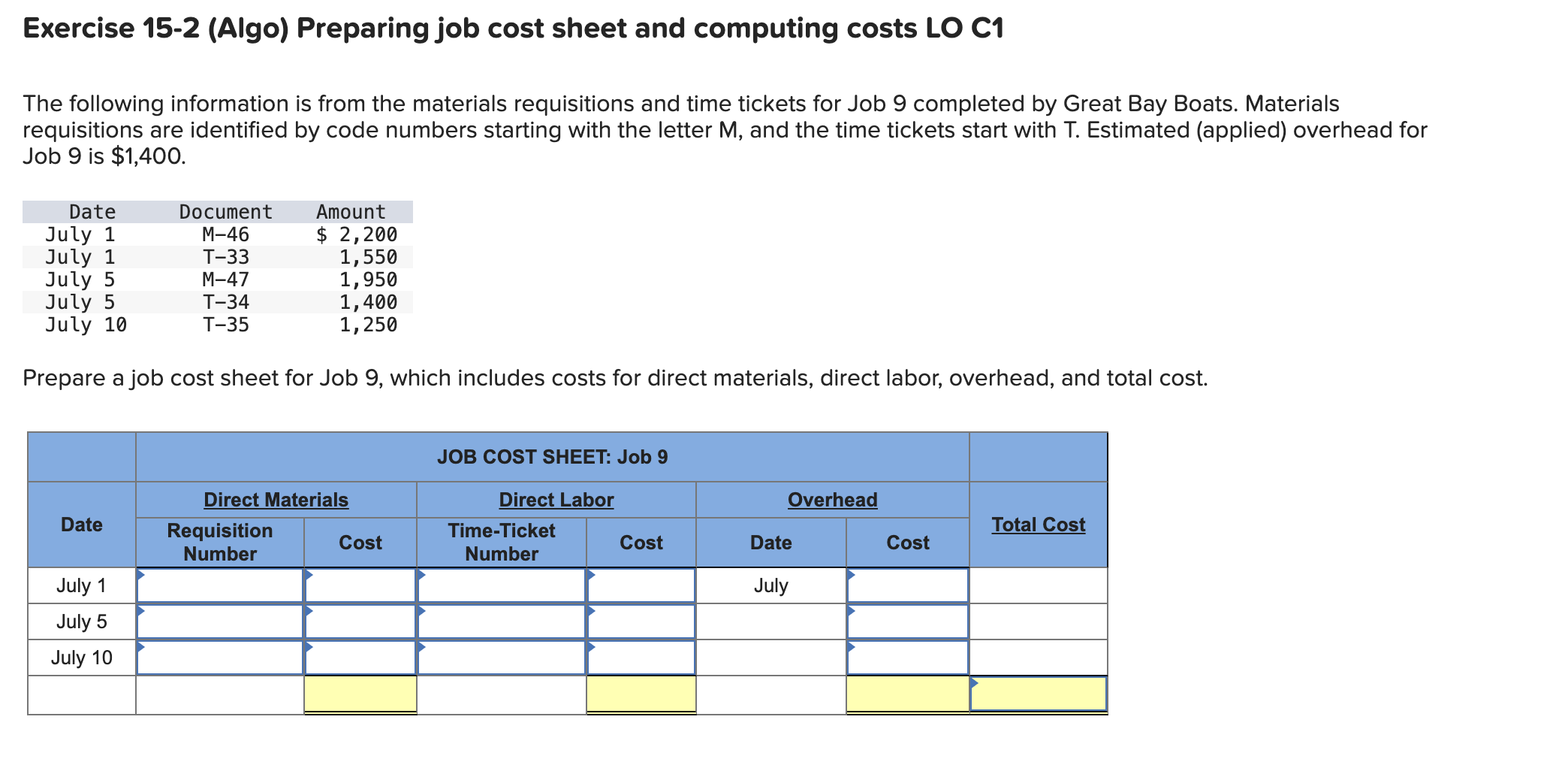  Exercise 15-2(Algo) Preparing job cost sheet and computing costs LO C1
