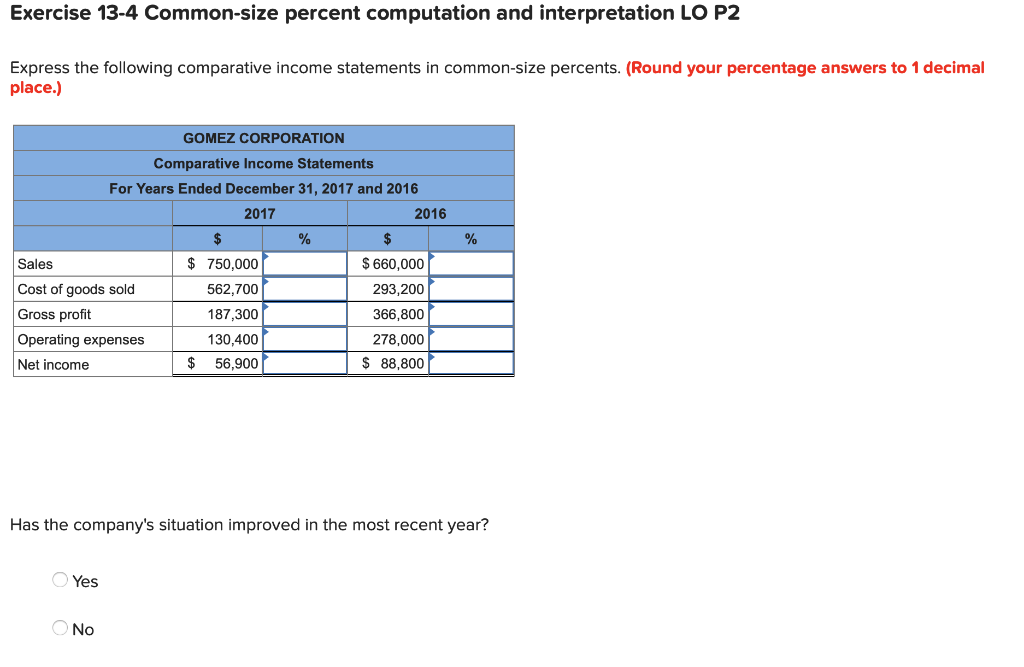  Exercise 13-4 Common-size percent computation and interpretation LO P2 Express the