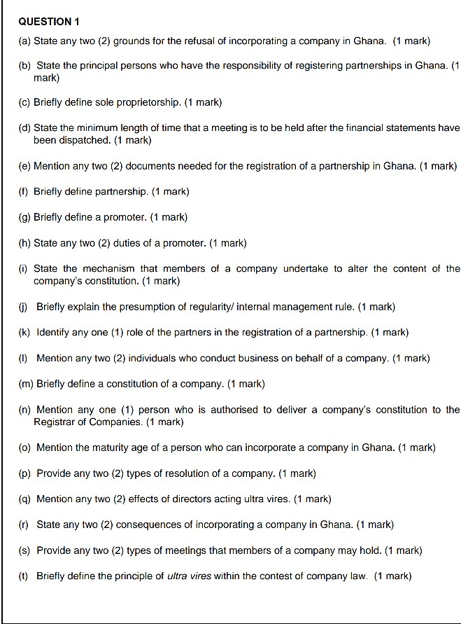QUESTION 1 (a) State any two (2) grounds for the refusal