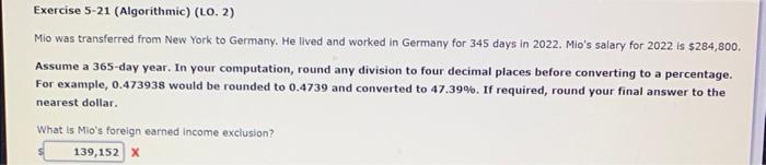  Exercise 5-21 (Algorithmic) (LO. 2) Mio was transferred from New York