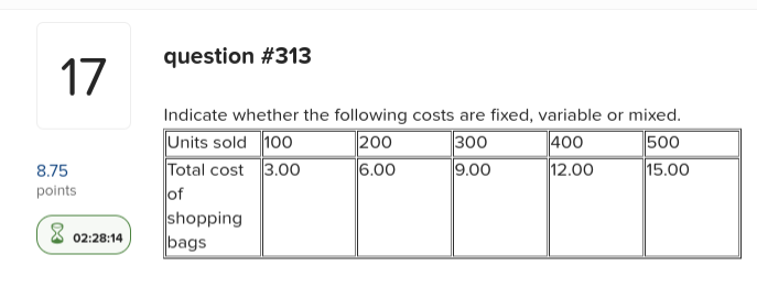  question #313 17 Indicate whether the following costs are fixed, variable