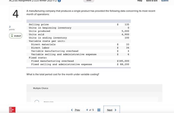  AL 2130 Assignment & Save Help Save & Exit Submit 4