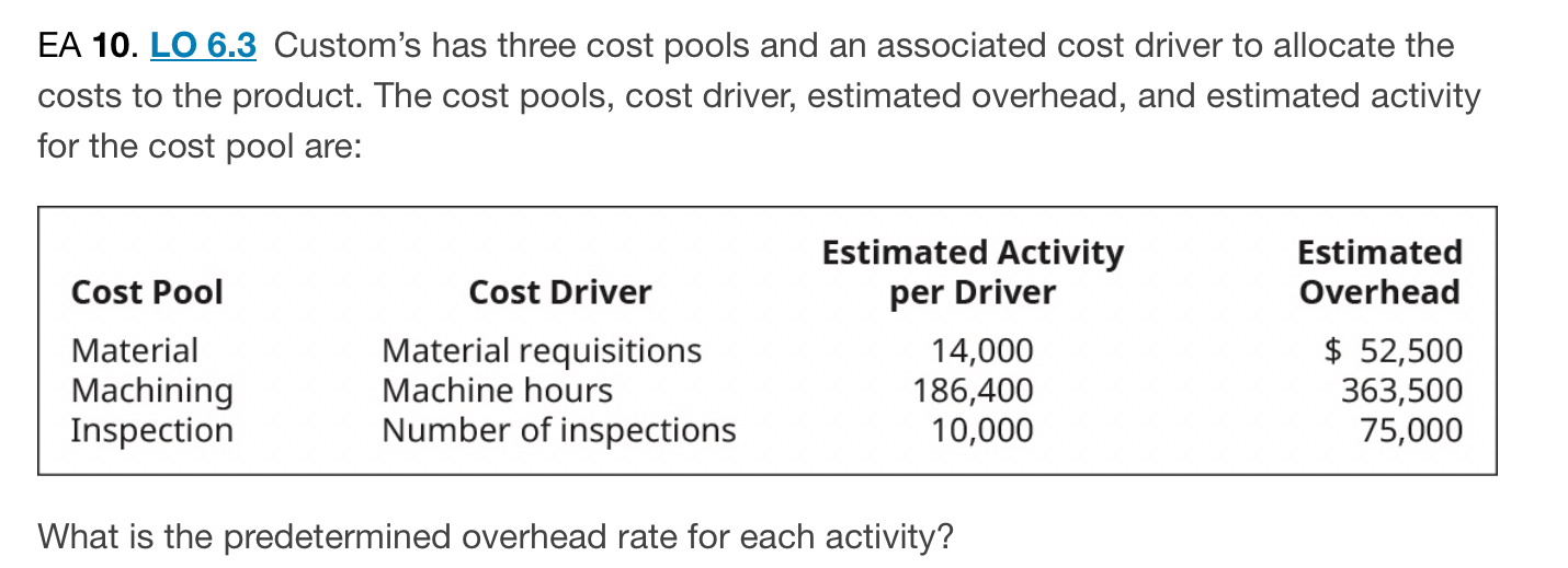  EA 10. LO 6.3 Custom's has three cost pools and an