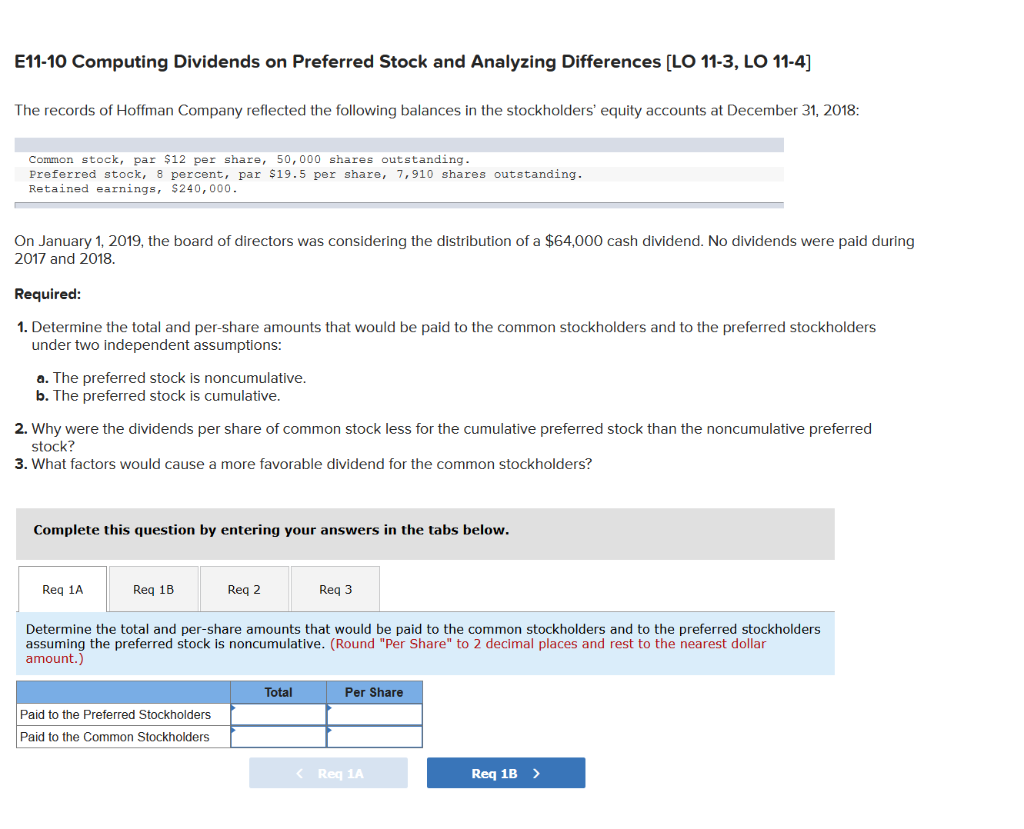  E11-10 Computing Dividends on Preferred Stock and Analyzing Differences [LO 11-3,