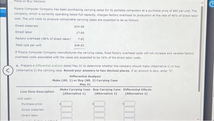  Make-or-Buy Decision Pizana Computer Company has been purchasing carrying cases for