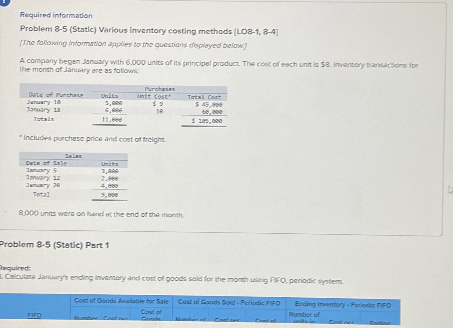  Required information Problem 8-5(Static) Various inventory costing methods [LO8-1,8-4] [The following