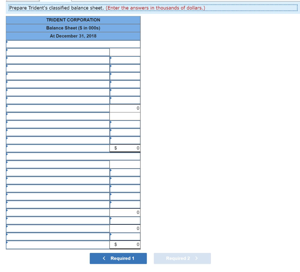 Trident Corporation at December 31, 2018. Required: 1. Determine the missing amounts